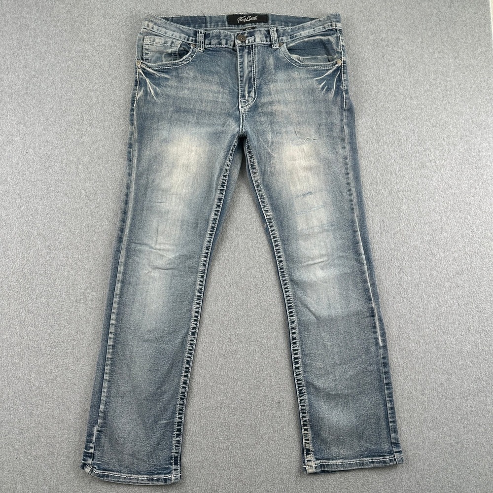 True Luck Jeans Mens 34x32 Blue Bootcut Distressed Thick Stitch Denim